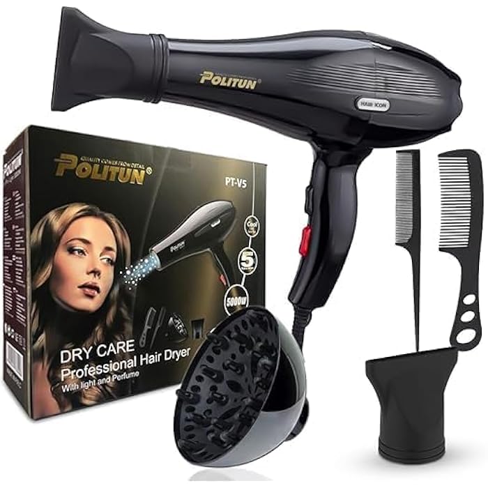 Hair Dryer Professional - 5000W, Fast Drying, Salon Smooth, Powerful Motor, 3 Temperature Settings, 2 Speeds, Detachable Air Concentrator, with 3 attachment, PT-V5 (Black) - Image 1